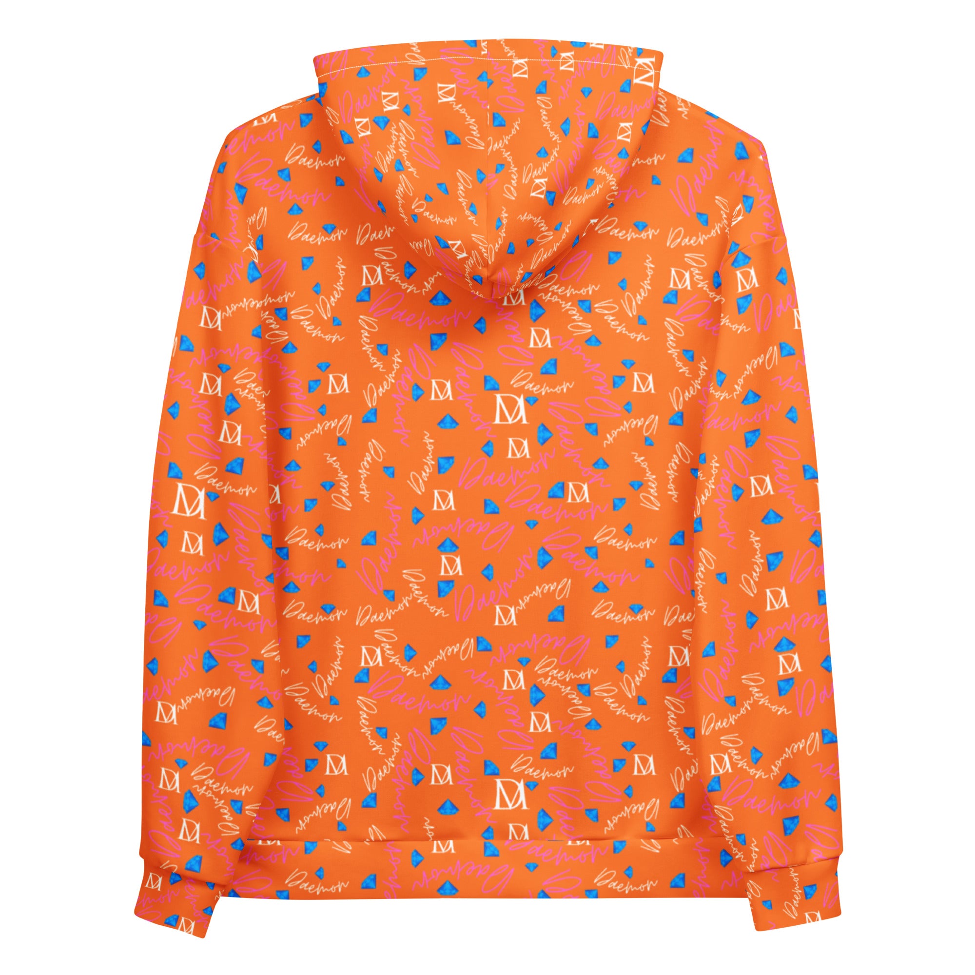Recycled white unisex hoodie with all-over Picasso Mirros Rays Crush print by Daemon Luxury, featuring a hood and casual fit.