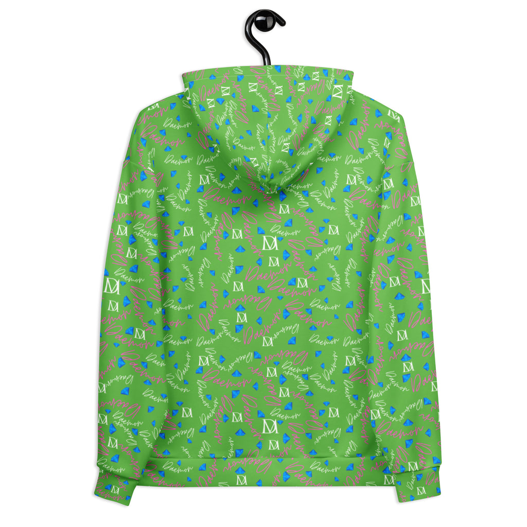 Daemon Luxury Picasso Mirros Gardena Kalifornia unisex hoodie with all-over white recycled print and hood detail.