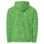 Unisex white recycled hoodie with all-over Picasso Mirros (Gardena Kalifornia) print from Daemon Luxury, featuring a hood and front pocket.