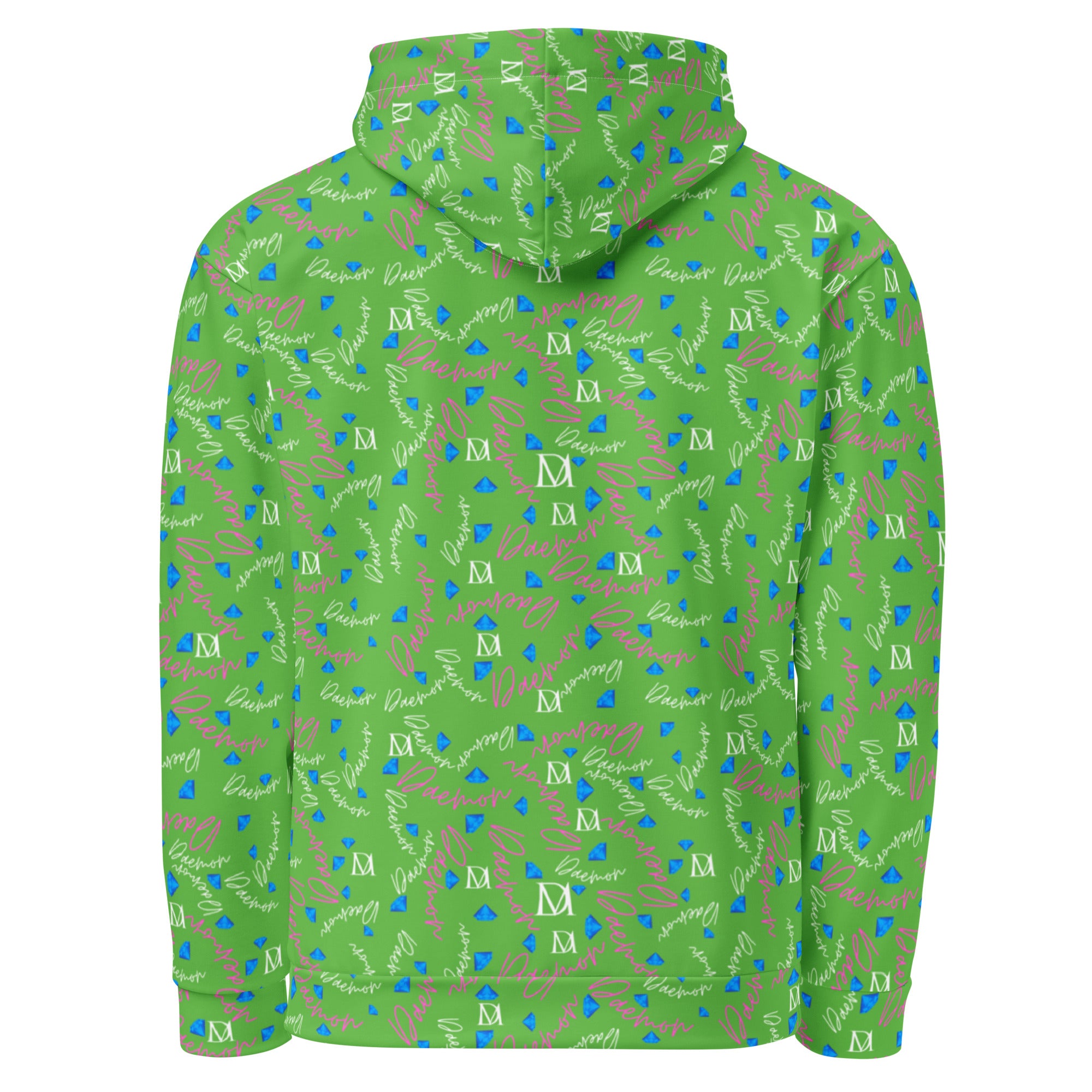 Unisex white recycled hoodie with all-over Picasso Mirros (Gardena Kalifornia) print from Daemon Luxury, featuring a hood and front pocket.