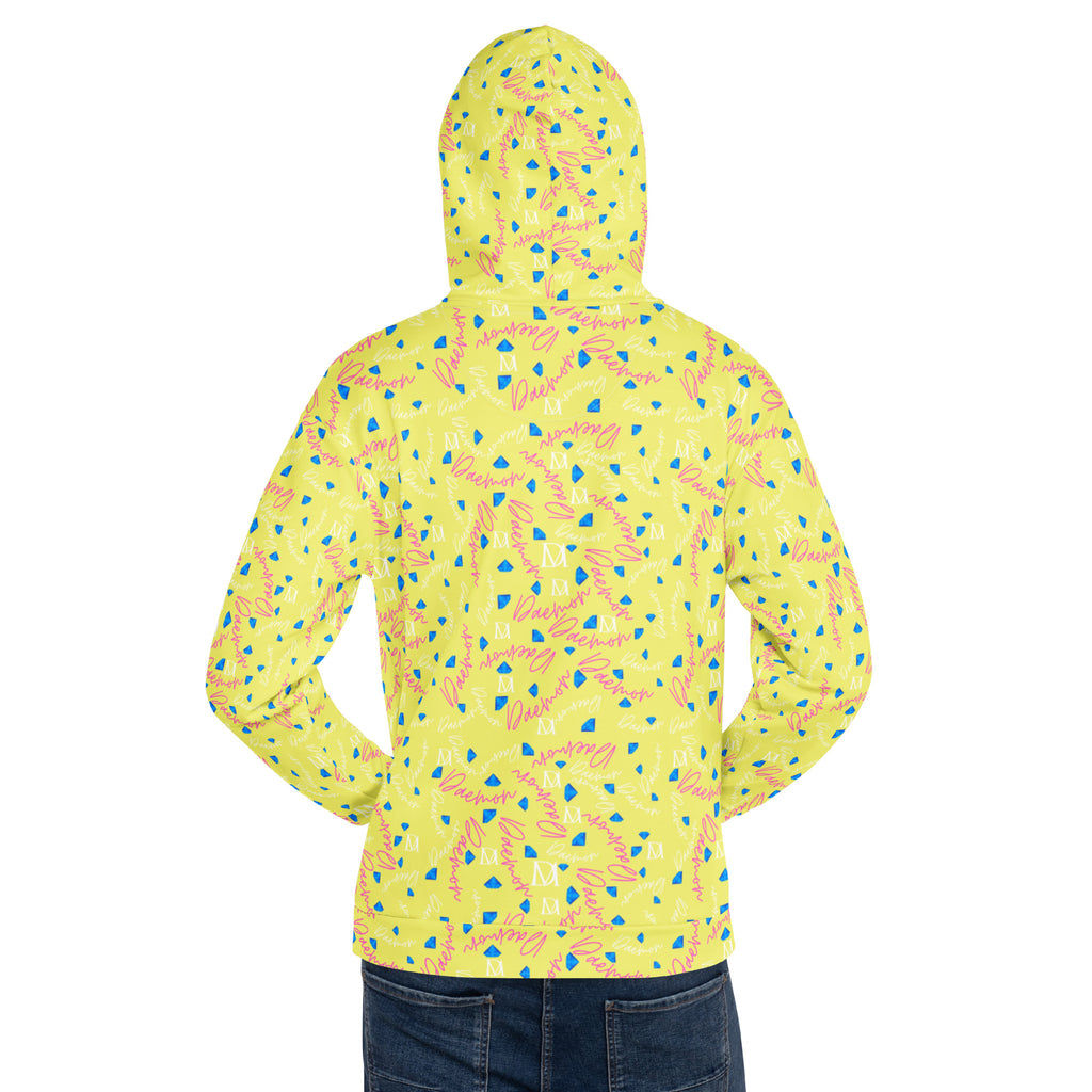 All-over print white recycled unisex hoodie featuring Picasso-inspired moon and star design by Daemon Luxury.