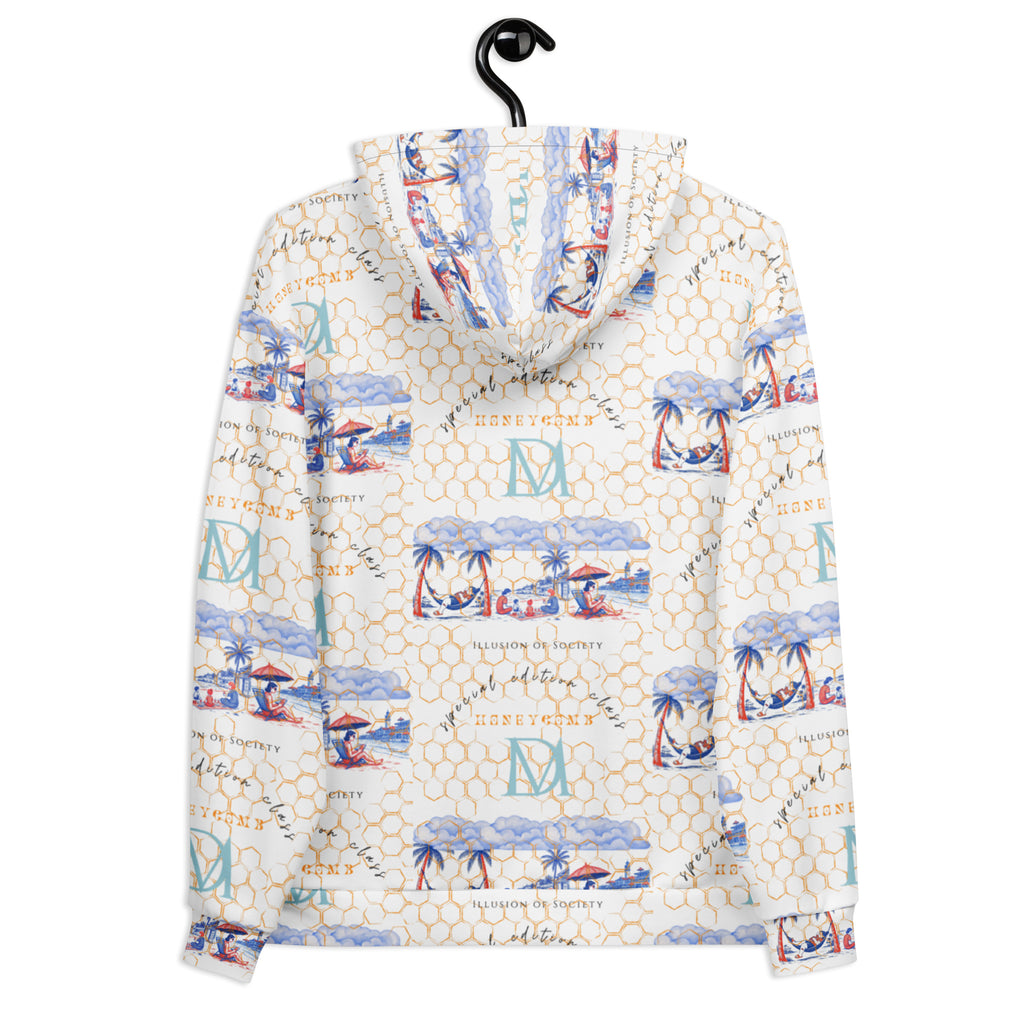 White Honeybee Intel (Forecast) Felpa Cappuccio hoodie by Daemon Luxury with all-over recycled print on the back.