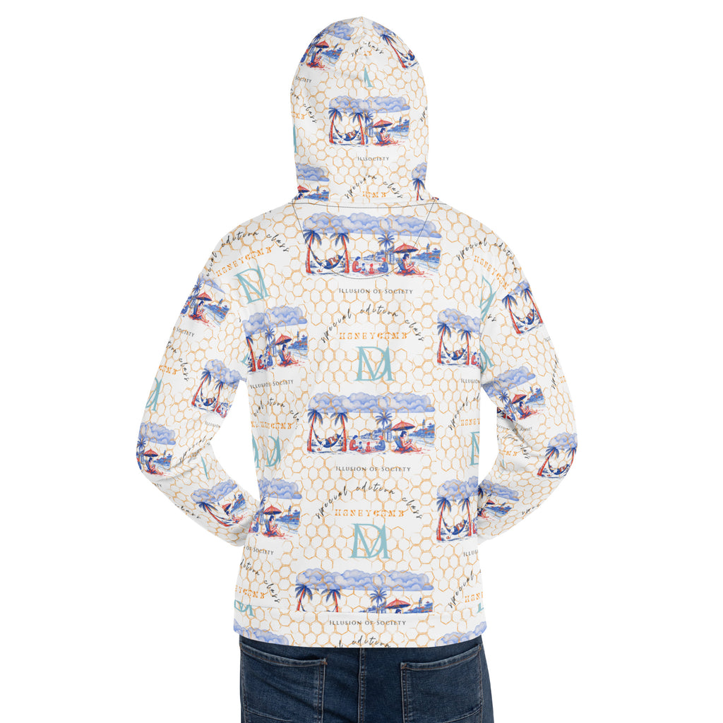 Unisex white recycled hoodie with Honeybee Intel forecast all-over print by Daemon Luxury, featuring a front and back view.