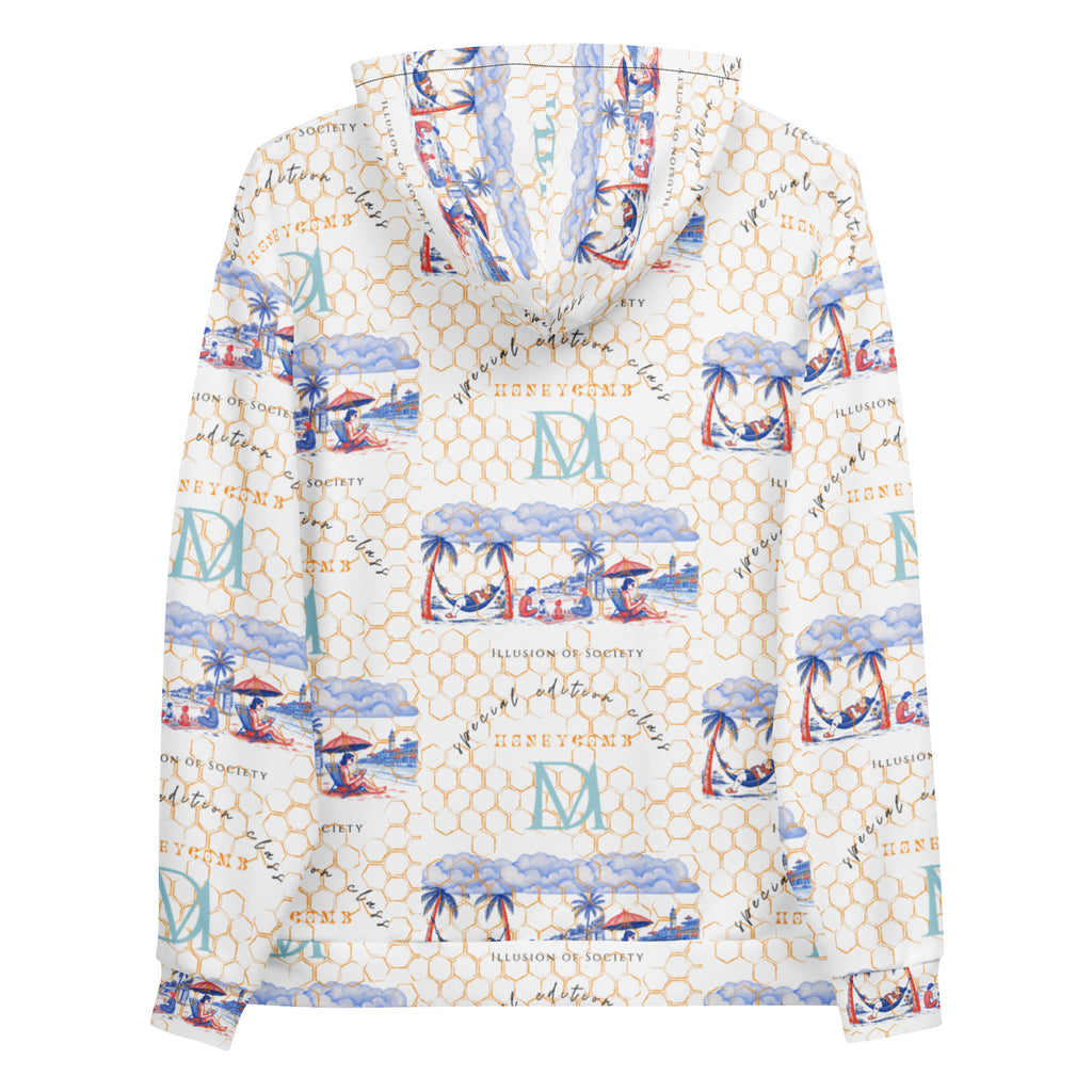 Daemon Luxury Honeybee Intel forecast unisex hoodie with all-over recycled print, white background and hooded design.