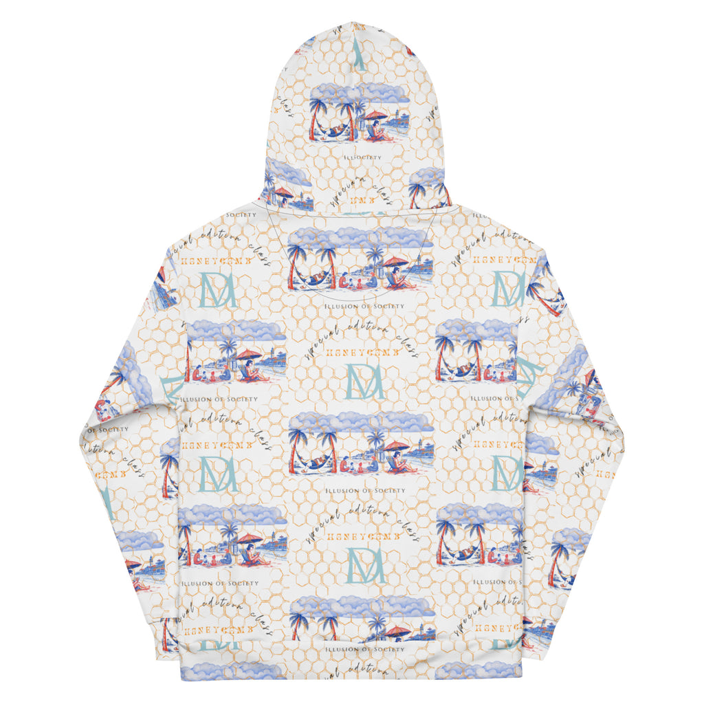 Recycled white Honeybee Intel forecast hoodie with all-over print and hood, unisex design by Daemon Luxury.