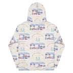 Recycled white Honeybee Intel forecast hoodie with all-over print and hood, unisex design by Daemon Luxury.