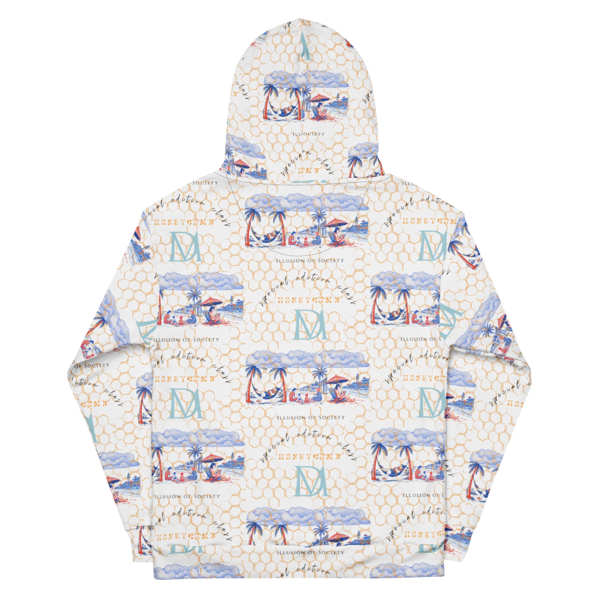 Recycled white Honeybee Intel forecast hoodie with all-over print and hood, unisex design by Daemon Luxury.
