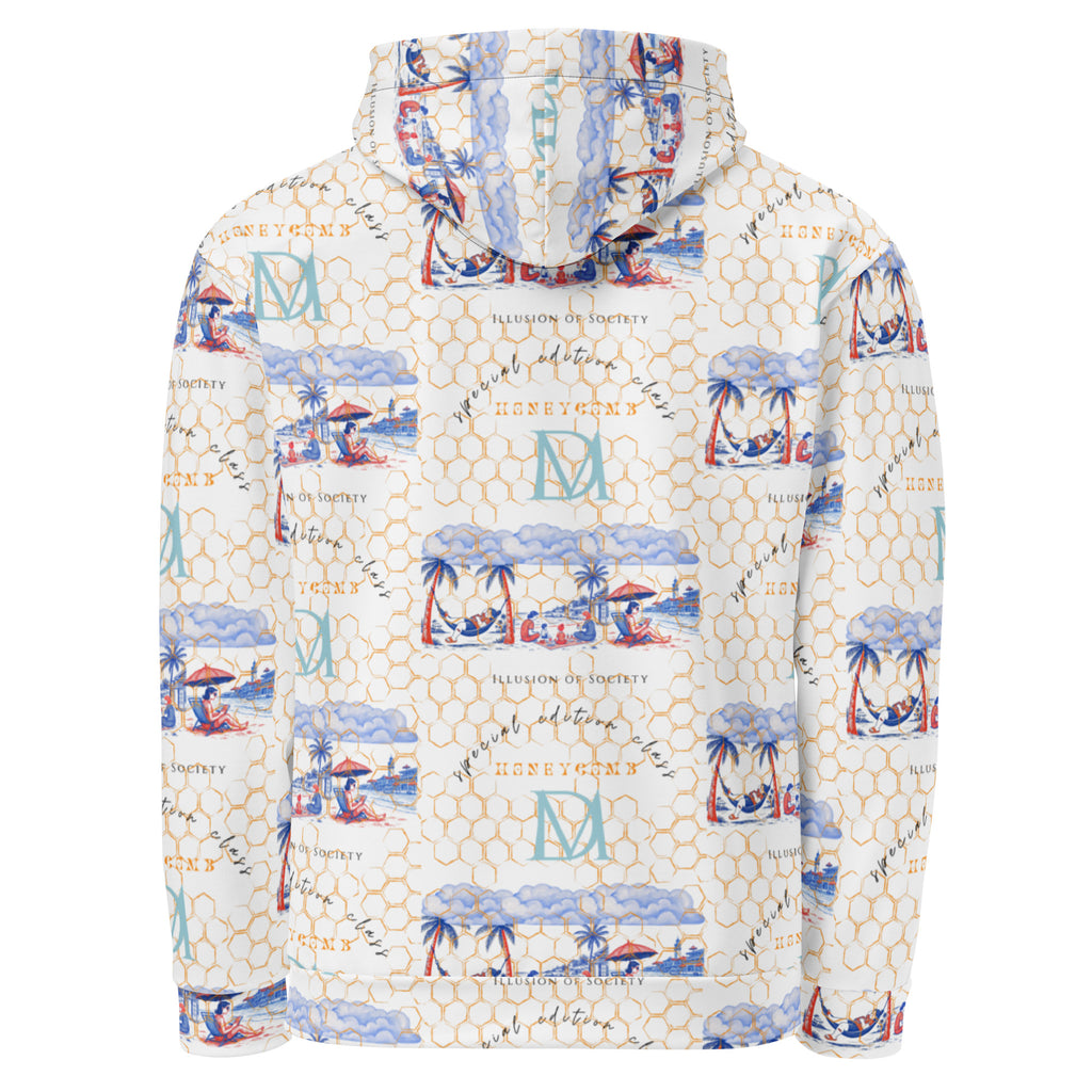 Daemon Luxury Honeybee Intel unisex hoodie with all-over white recycled print and a hood, casual and eco-friendly fashion piece.