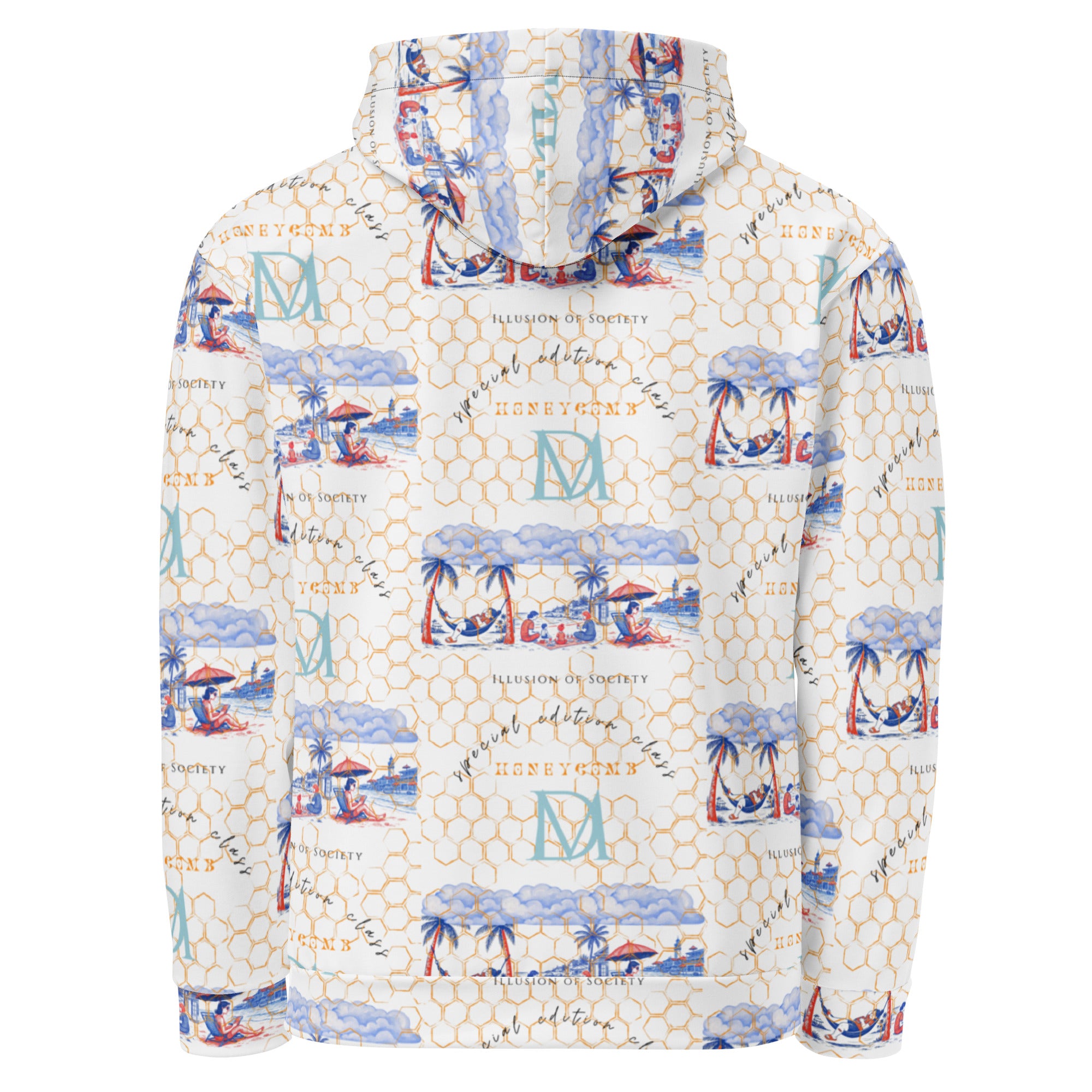 Daemon Luxury Honeybee Intel unisex hoodie with all-over white recycled print and a hood, casual and eco-friendly fashion piece.