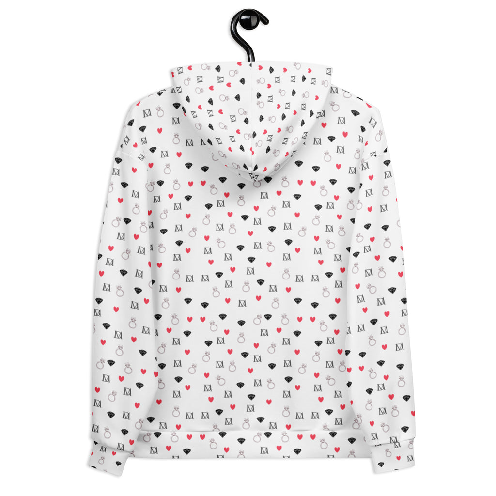 Recycled white unisex hoodie with all-over speckled diamond moon print from Daemon Luxury featuring a cozy hood.