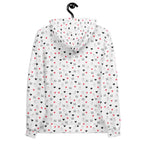 Recycled white unisex hoodie with all-over speckled diamond moon print from Daemon Luxury featuring a cozy hood.