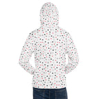 Unisex white hoodie with all-over speckled diamond moon print by Daemon Luxury, featuring a hood and casual fit.