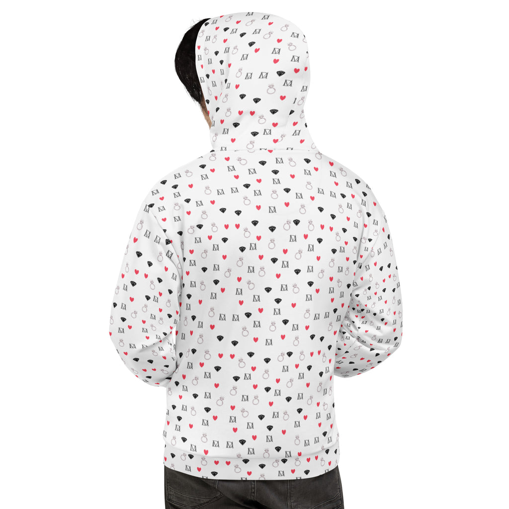Recycled white unisex hoodie with speckled diamond moon print, featuring a hood and all-over subtle moon design by Daemon Luxury.
