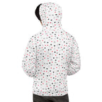 Recycled white unisex hoodie with speckled diamond moon print, featuring a hood and all-over subtle moon design by Daemon Luxury.