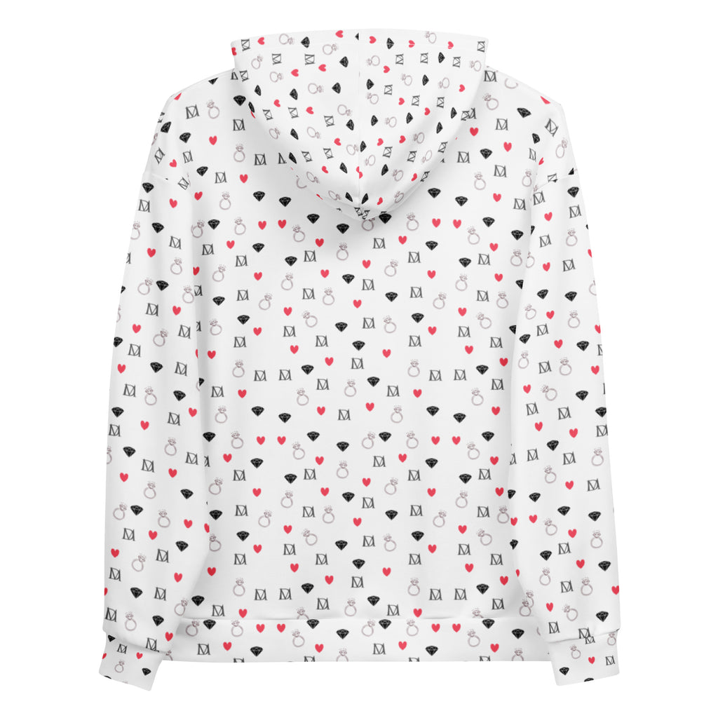 Recycled white unisex hoodie with speckled diamond moon pattern from Daemon Luxury, featuring a hood and all-over print design.