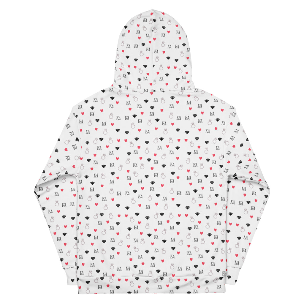 Recycled white unisex hoodie with speckled diamond moon pattern by Daemon Luxury, featuring an all-over print and hood.
