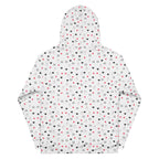 Recycled white unisex hoodie with speckled diamond moon pattern by Daemon Luxury, featuring an all-over print and hood.