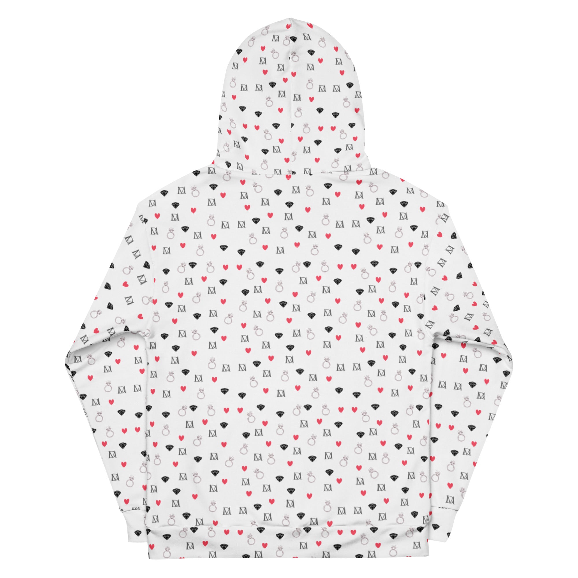 Recycled white unisex hoodie with speckled diamond moon pattern by Daemon Luxury, featuring an all-over print and hood.