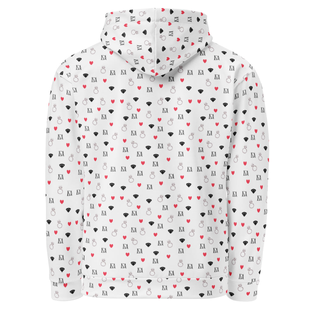 Unisex white recycled hoodie with speckled diamond moon all-over print by Daemon Luxury, featuring a cozy hood and casual fit.