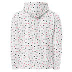 Unisex white recycled hoodie with speckled diamond moon all-over print by Daemon Luxury, featuring a cozy hood and casual fit.