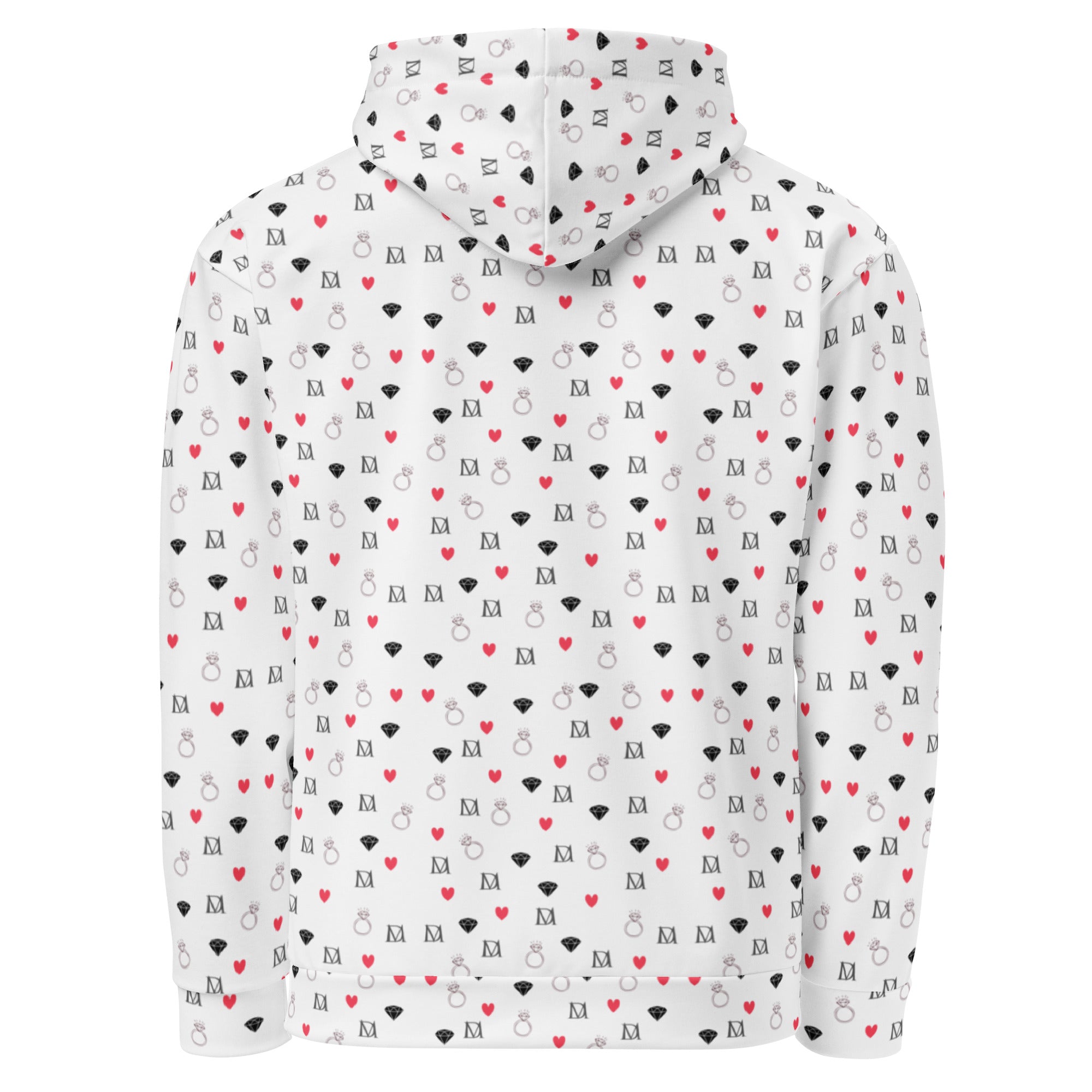 Unisex white recycled hoodie with speckled diamond moon all-over print by Daemon Luxury, featuring a cozy hood and casual fit.