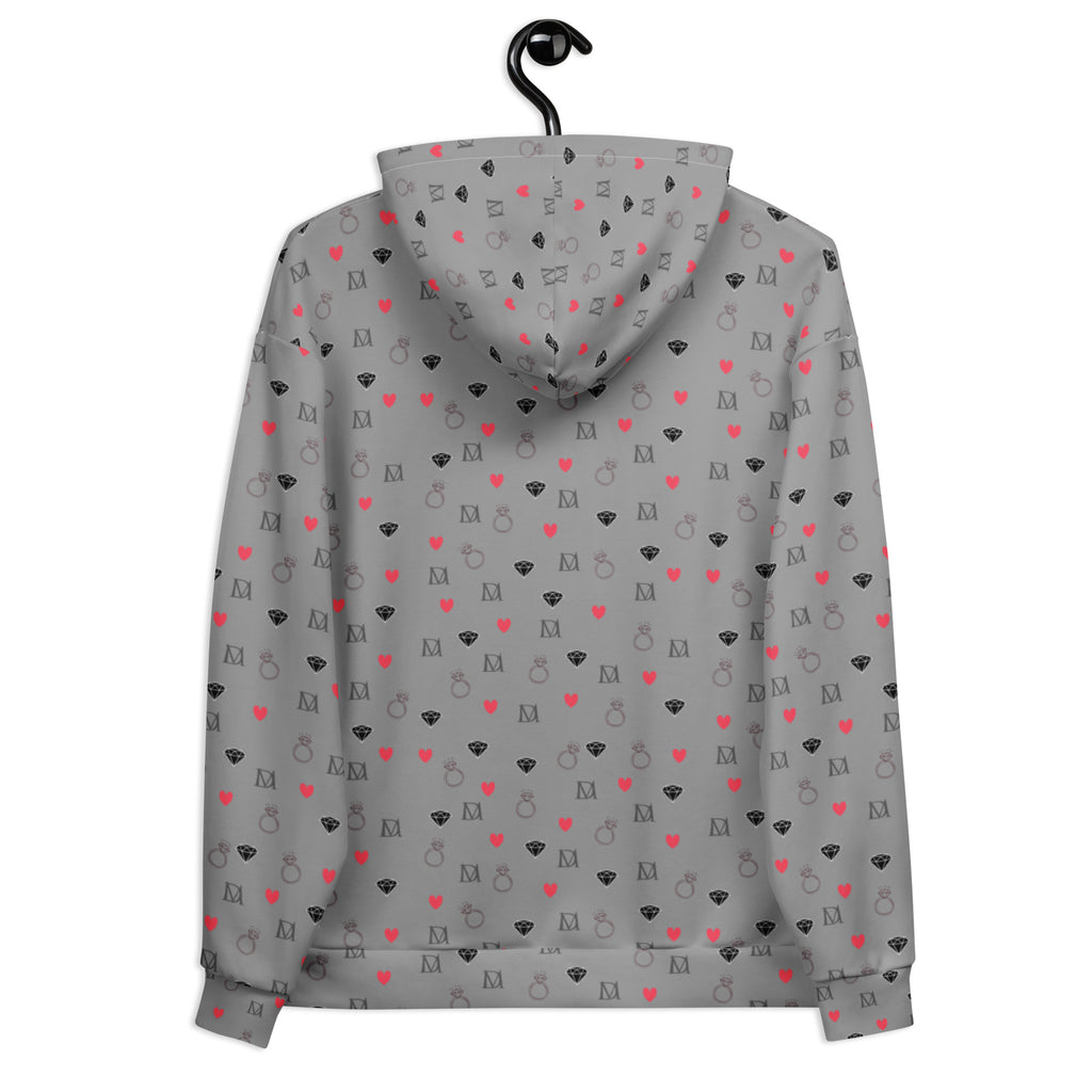 Unisex white hoodie by Daemon Luxury with speckled diamond print and subtle gloom pattern on the back, made from recycled materials.