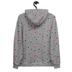 Unisex white hoodie by Daemon Luxury with speckled diamond print and subtle gloom pattern on the back, made from recycled materials.