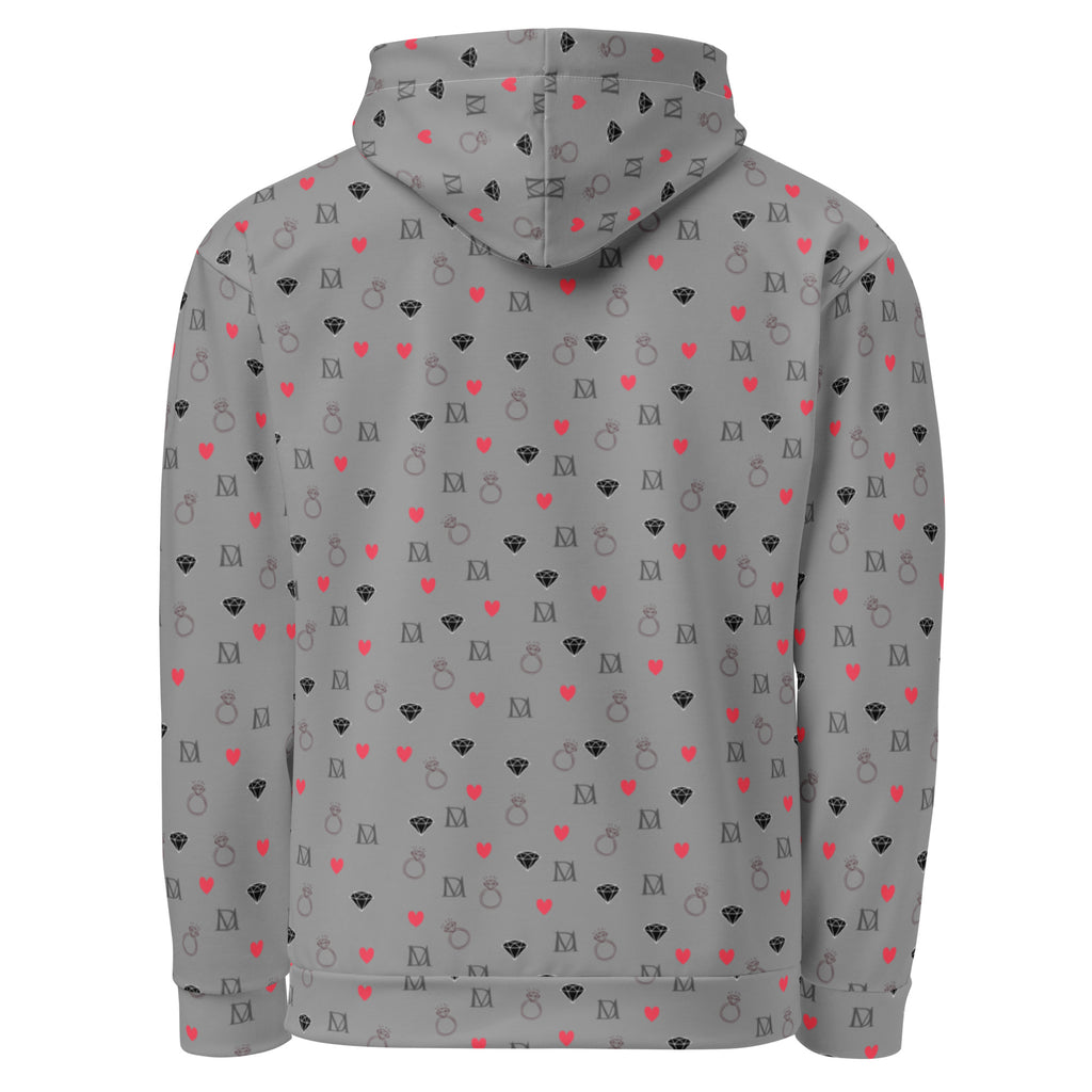 Daemon Luxury Speckled Diamonds Subtle Gloom unisex recycled hoodie with all-over white print and hood detail.
