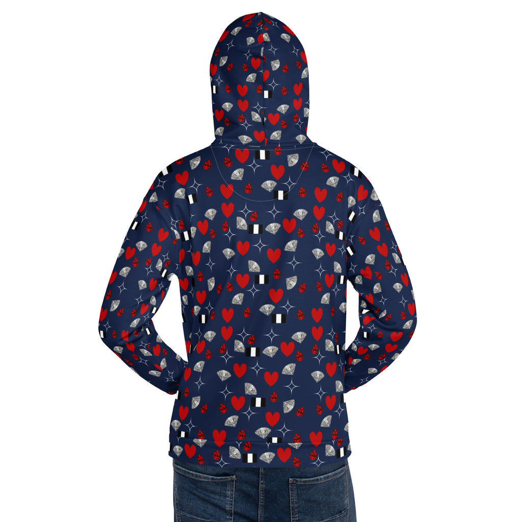 Unisex white hoodie with all-over colorful print, featuring a hood and casual fit, by Daemon Luxury from the Foreigners Luv collection.