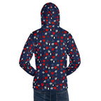 Unisex white hoodie with all-over colorful print, featuring a hood and casual fit, by Daemon Luxury from the Foreigners Luv collection.