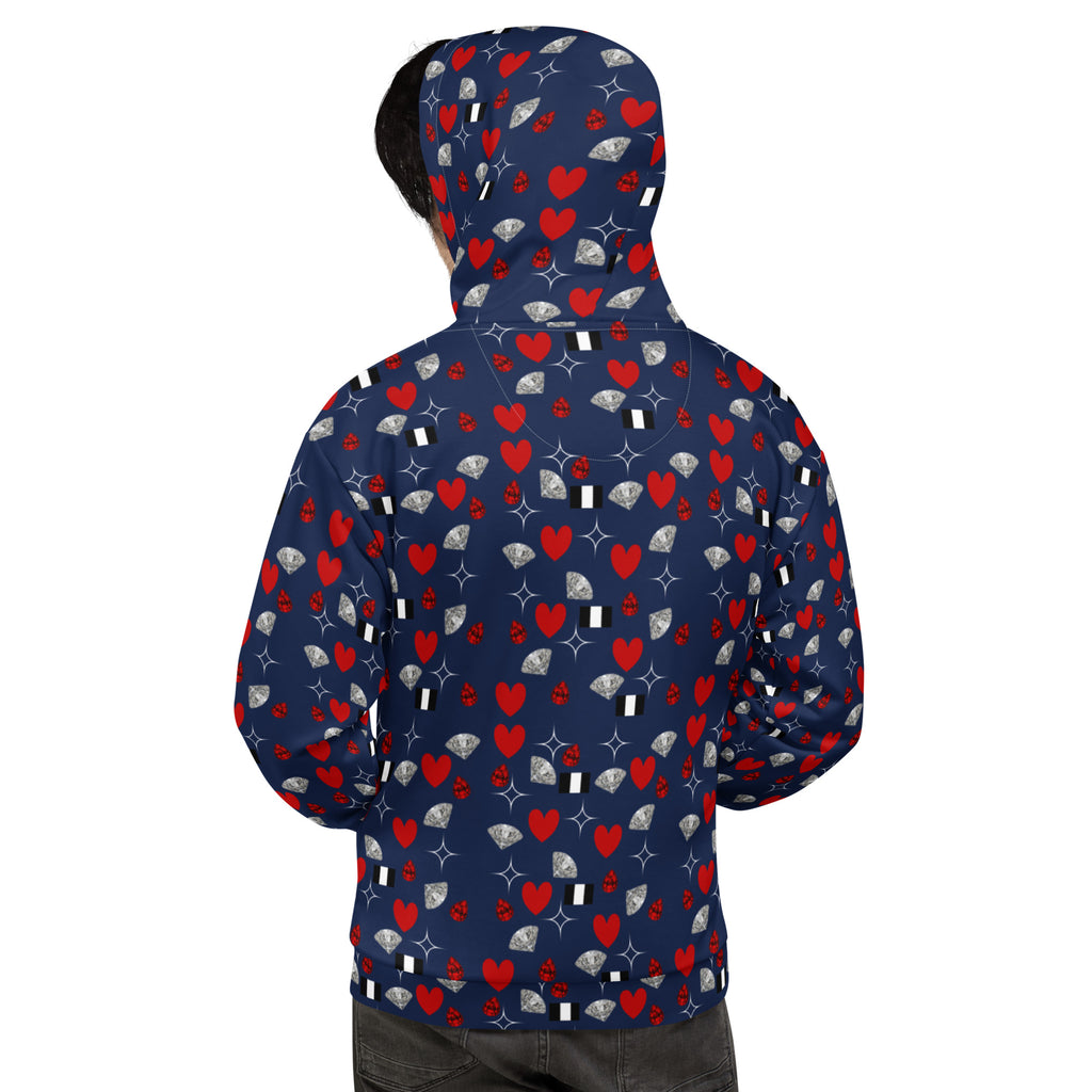 Unisex white hoodie with all-over print featuring Foreigners Luv design by Daemon Luxury, casual streetwear style.