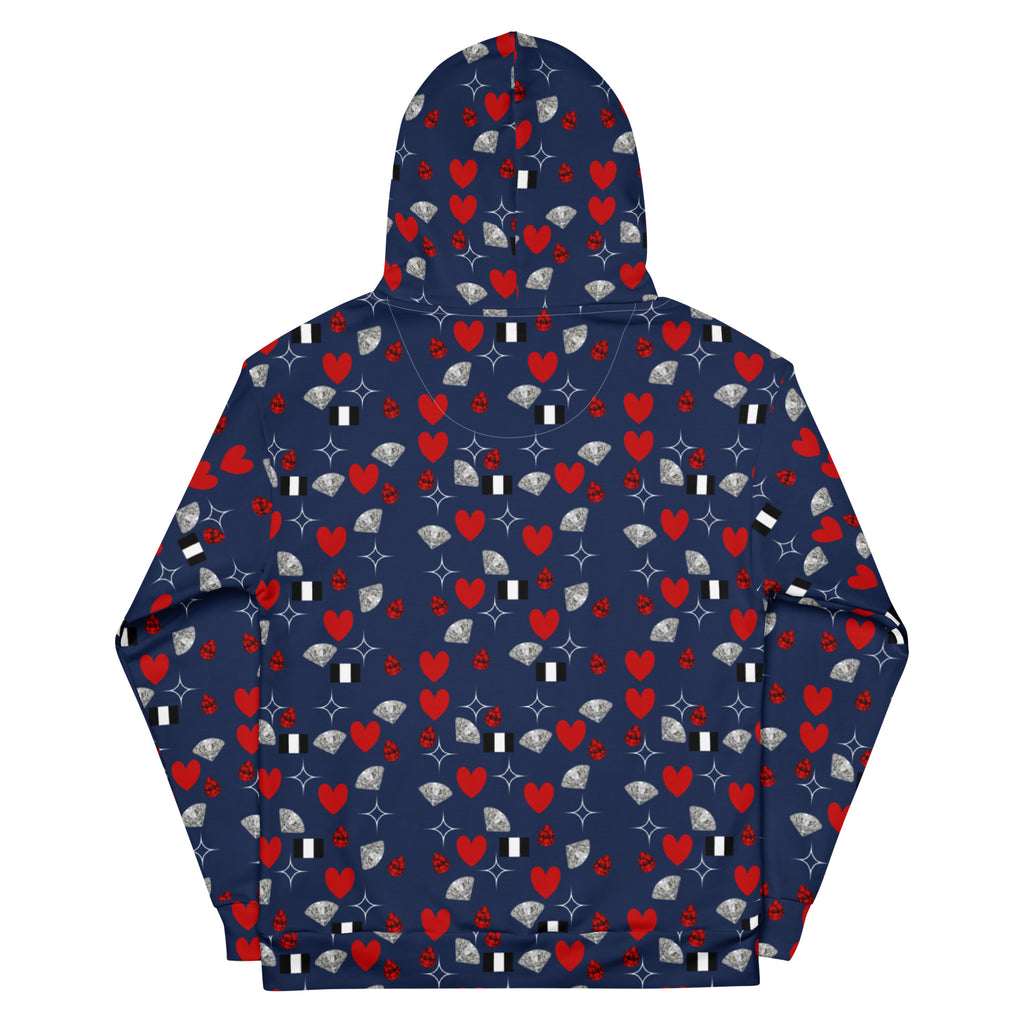 Unisex white hoodie from Daemon Luxury featuring all-over print design with a hood and casual fit.