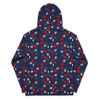 Unisex white hoodie from Daemon Luxury featuring all-over print design with a hood and casual fit.
