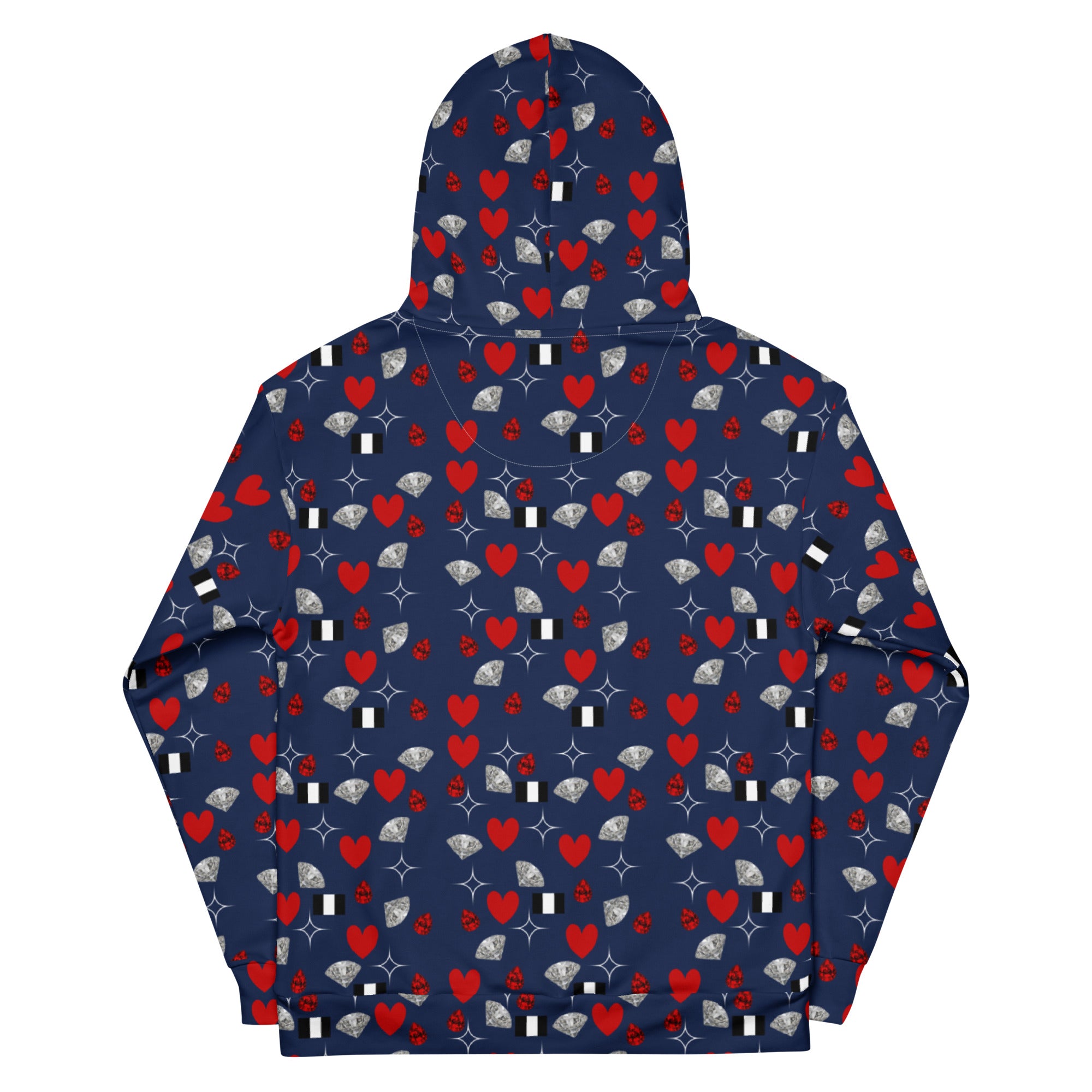 Unisex white hoodie from Daemon Luxury featuring all-over print design with a hood and casual fit.