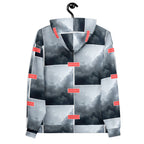 White recycled unisex hoodie with stitched frames and all-over printed design by Daemon Luxury, featuring a hood and front pocket.