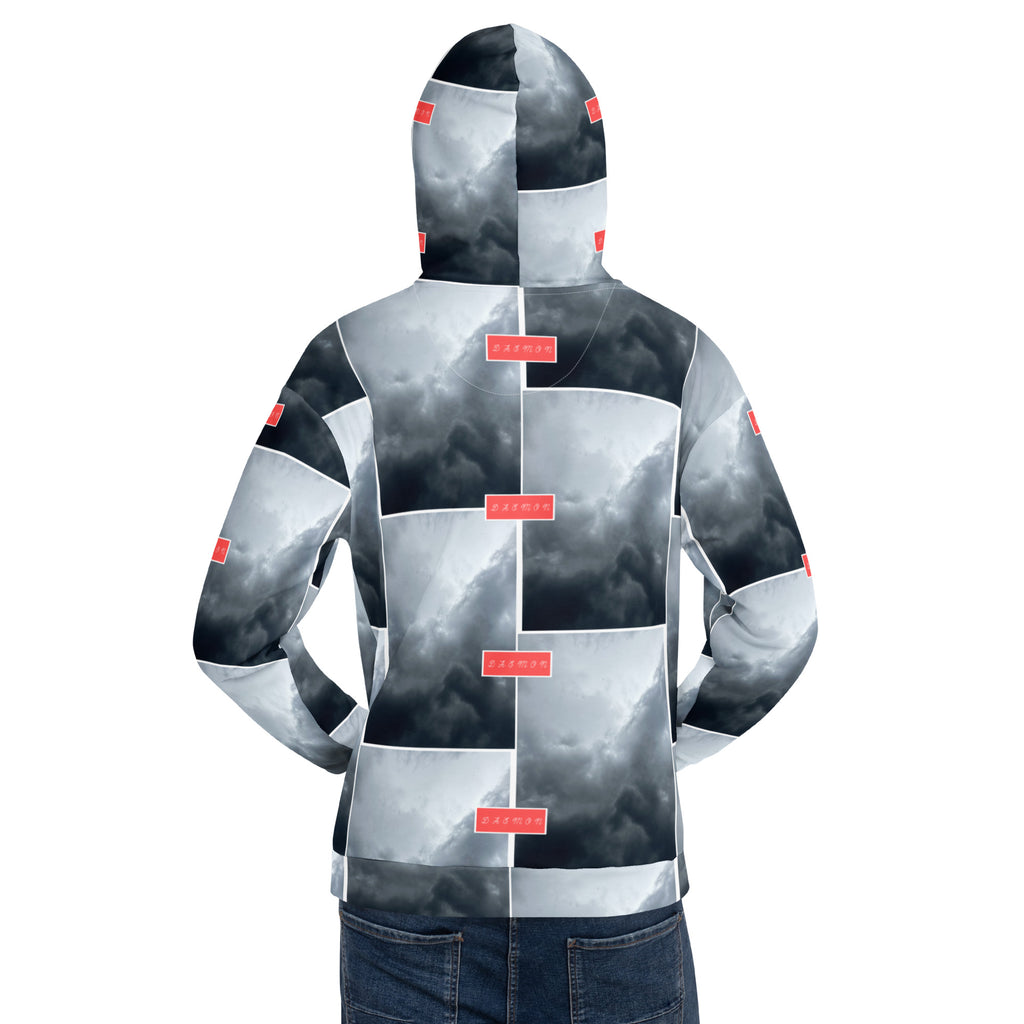 Recycled white unisex hoodie with stitched frame and all-over print by Daemon Luxury, showcasing a stylish casual design.