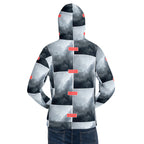 Recycled white unisex hoodie with stitched frame and all-over print by Daemon Luxury, showcasing a stylish casual design.