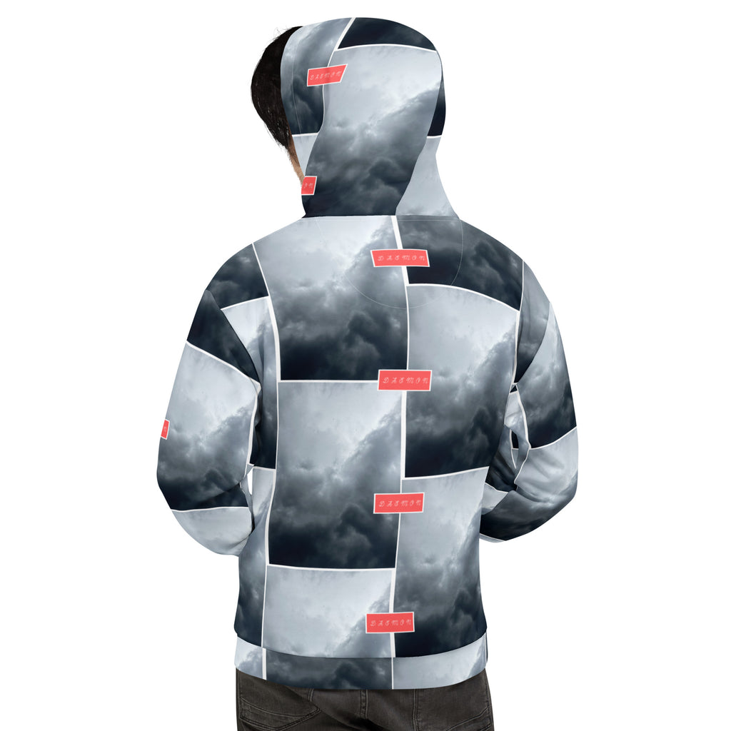 Unisex white hoodie with stitched frame design, featuring all-over print on recycled fabric by Daemon Luxury.