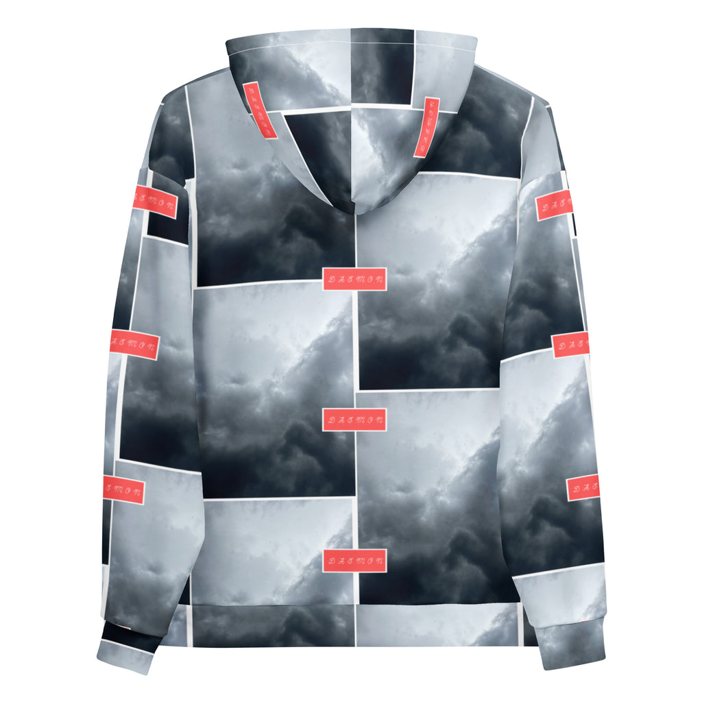 Recycled white unisex hoodie with stitched frame design and all-over print from Daemon Luxury Felpa Cappucio collection