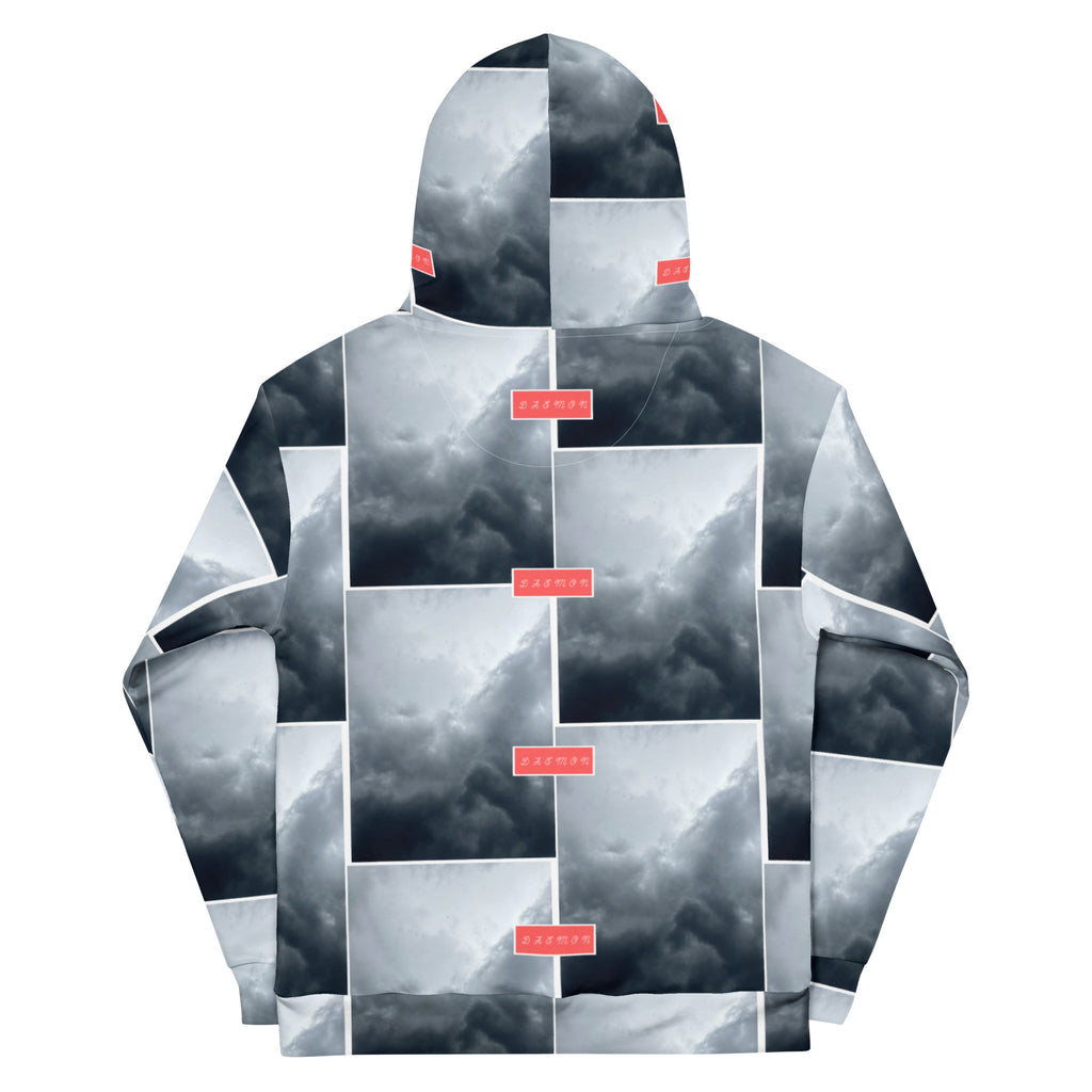 Recycled white unisex hoodie with stitched frames and all-over print by Daemon Luxury, shown from the back.