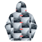 Recycled white unisex hoodie with stitched frames and all-over print by Daemon Luxury, shown from the back.