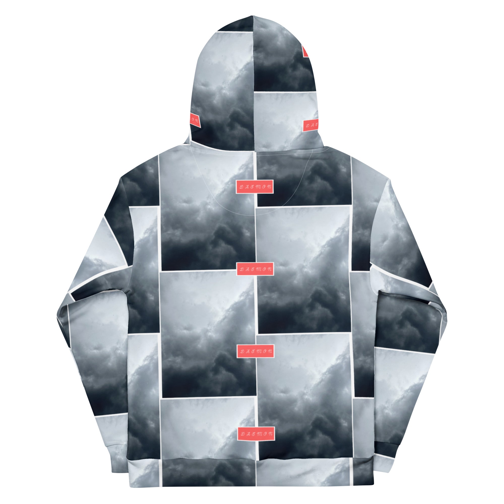 Recycled white unisex hoodie with stitched frames and all-over print by Daemon Luxury, shown from the back.