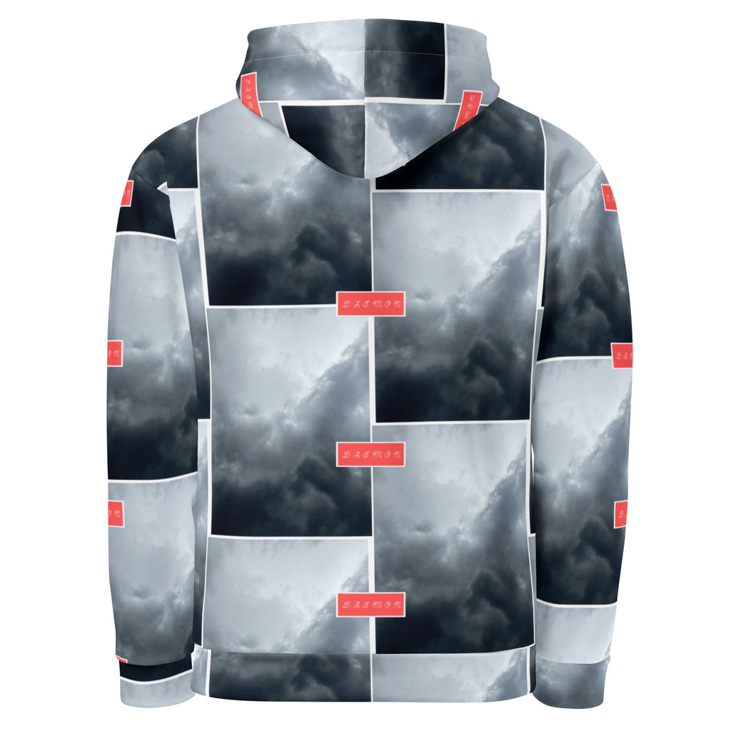 Unisex white hoodie with all-over stitched frame print by Daemon Luxury, featuring a front pocket and adjustable hood.
