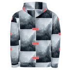 Unisex white hoodie with all-over stitched frame print by Daemon Luxury, featuring a front pocket and adjustable hood.