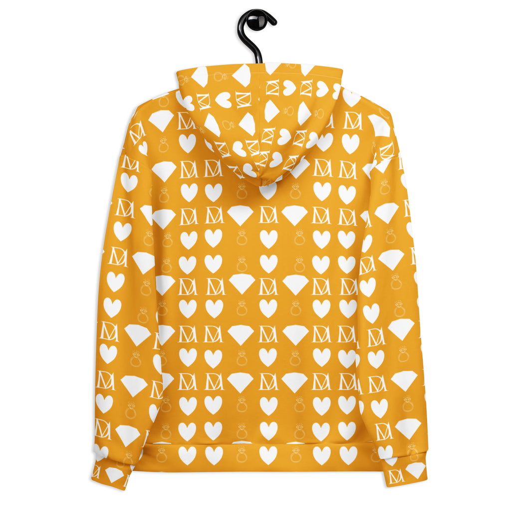 Recycled white unisex hoodie with all-over frosted diamonds print by Daemon Luxury, featuring a hood and casual design.