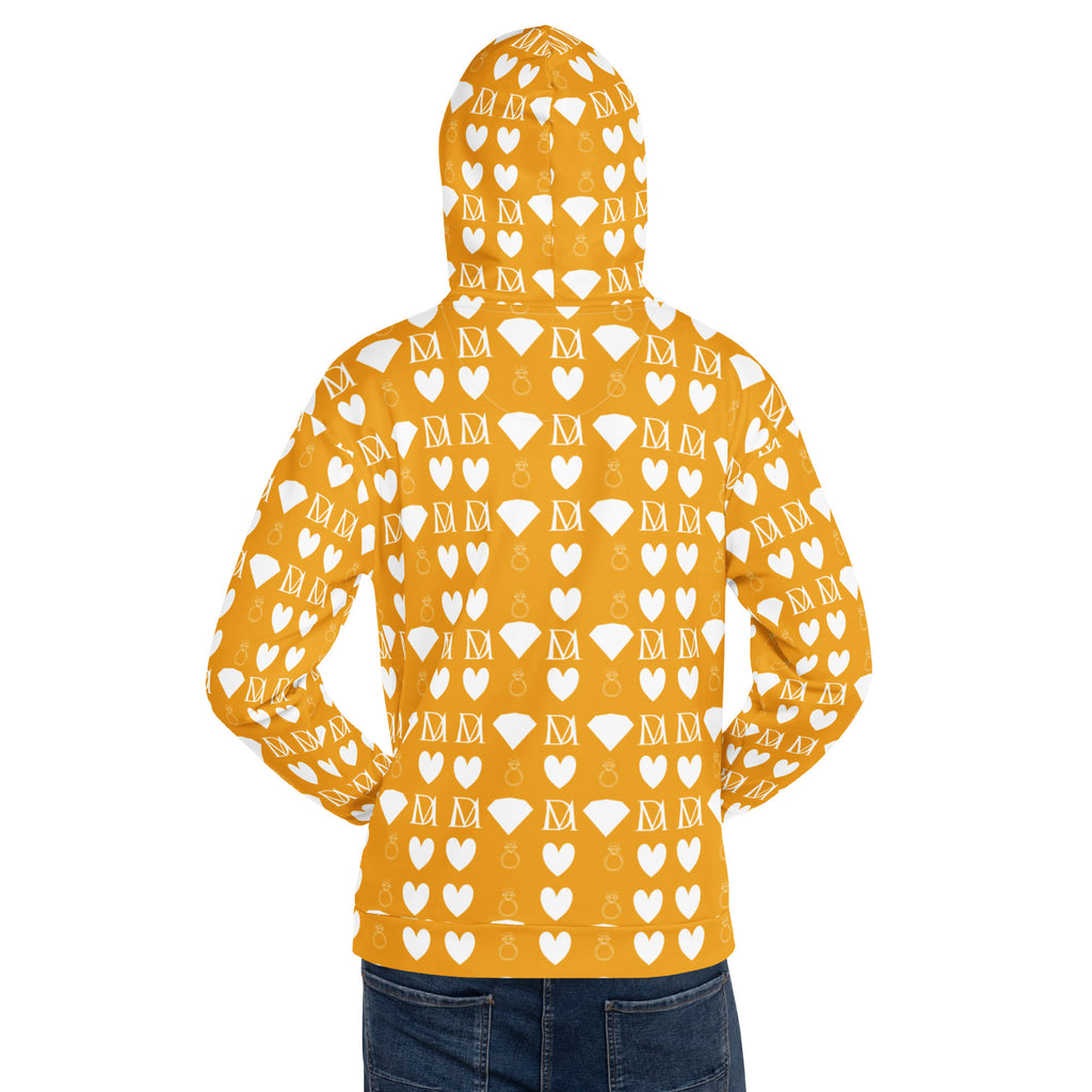 Unisex white hoodie with all-over frosted diamonds print by Daemon Luxury, featuring a hood and recycled fabric.