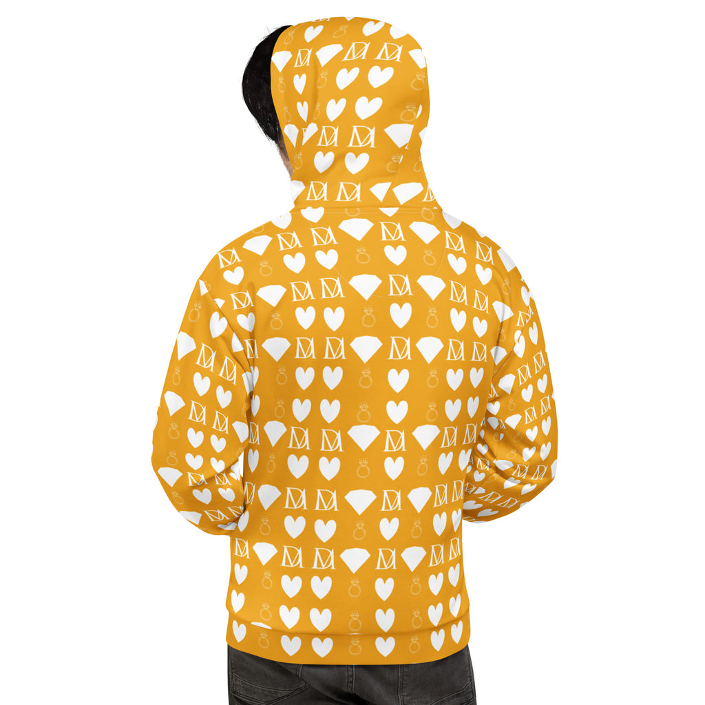 Recycled white unisex hoodie with all-over frosted diamond and Tarmin Honeybees print by Daemon Luxury, featuring a hood and front pocket.