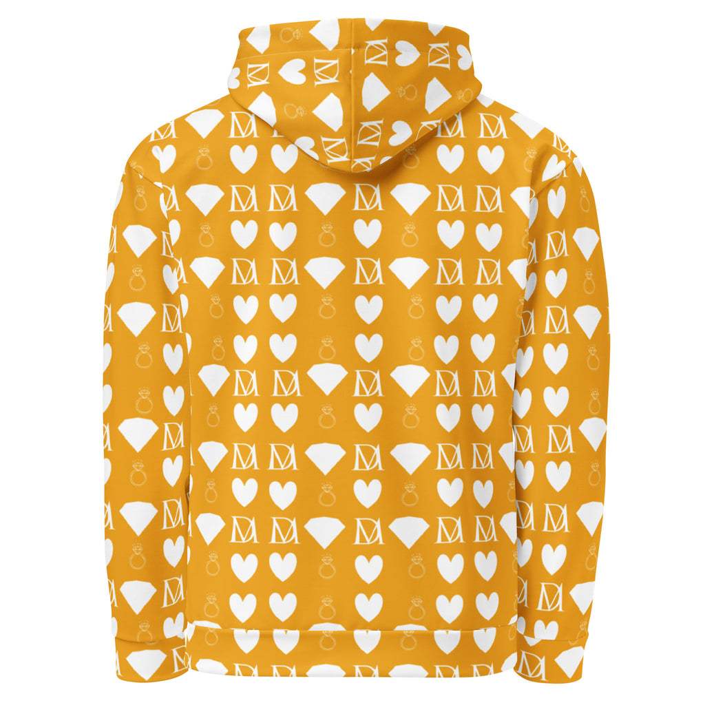 Unisex white hoodie with all-over recycled print featuring frosted diamond patterns by Daemon Luxury.