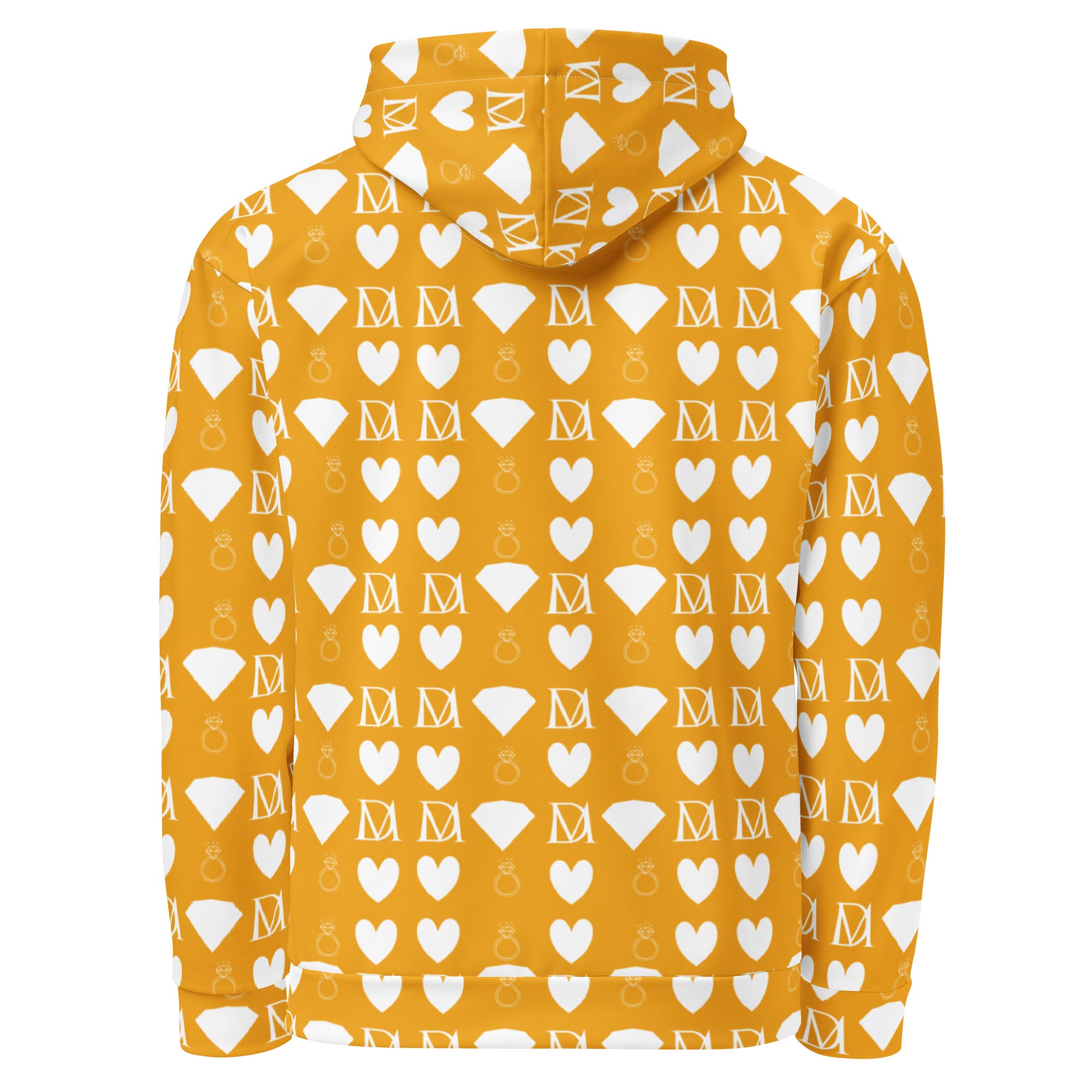 Unisex white hoodie with all-over recycled print featuring frosted diamond patterns by Daemon Luxury.