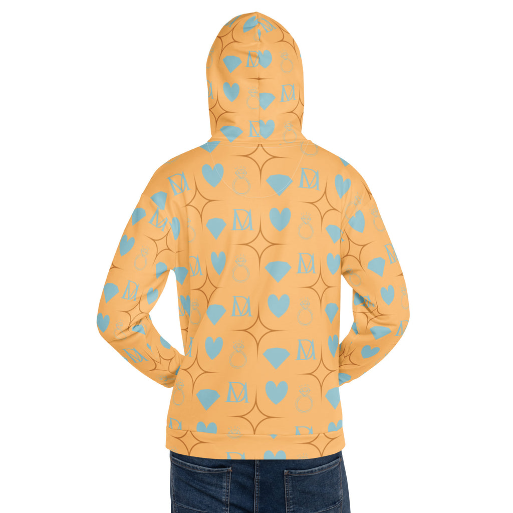 All-over print white recycled unisex hoodie with Honeyberry Lights and Felpa Cappucio design by Daemon Luxury, shown from the back.